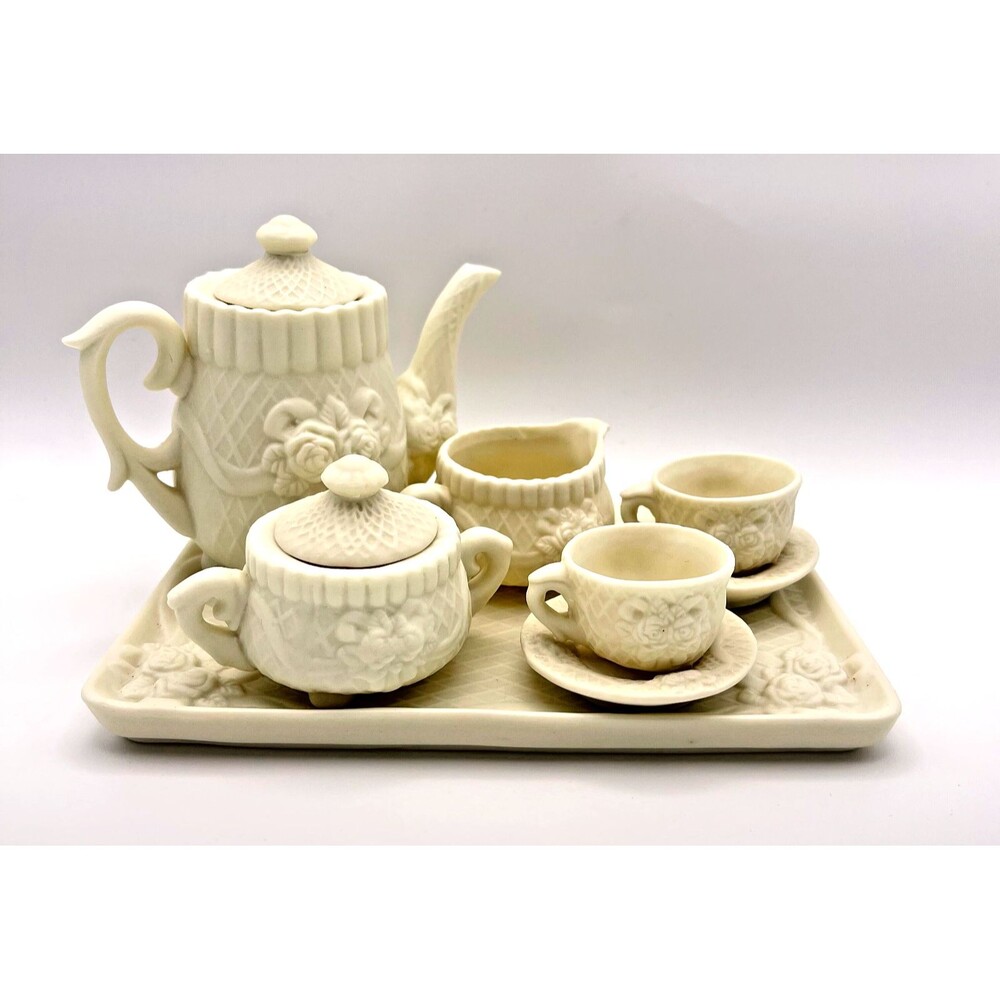 Vintage Miniature White Bisque Porcelain Tea Set Raised Rose Lattice Design-10pc